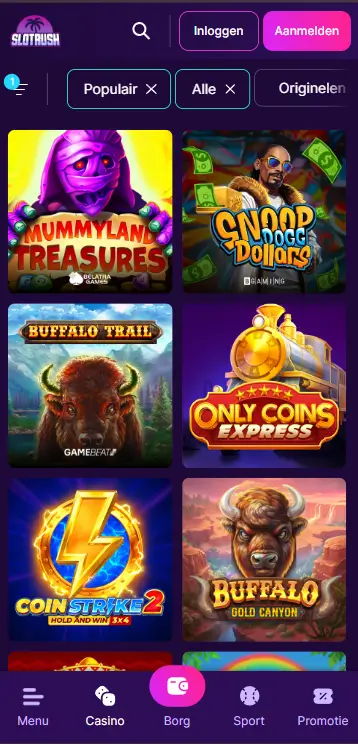 SlotRush Casino – Populaire casinospellen SlotRush Casino spellenbibliotheek gefilterd op populaire spellen, met titels als Mummyland Treasures, Snoop Dogg Dollars, Buffalo Trail, Only Coins Express, Coin Strike 2 en Buffalo Gold Canyon