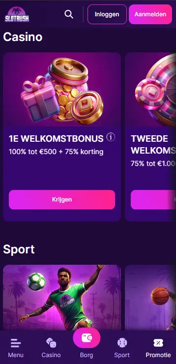 SlotRush Casino – Bonussen en promoties SlotRush Casino promotiepagina met de eerste welkomstbonus van 100% tot €500 plus 75% korting, en een sectie voor sportbonussen met een voetbalspeler