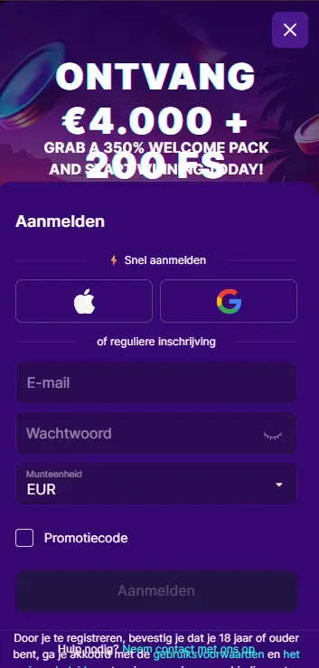 SlotRush Casino – Aanmeldformulier SlotRush Casino registratieformulier met een welkomstaanbieding van €4.000 en 200 free spins, inlogopties via Apple en Google, en invoervelden voor e-mail, wachtwoord, munteenheid en promotiecode
