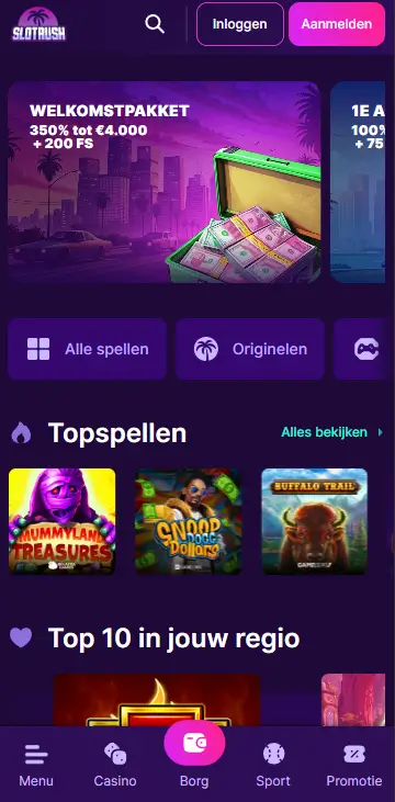 SlotRush Casino – Homepagina SlotRush Casino mobiele homepagina met een welkomstpakket van 350% tot €4.000 en 200 free spins, met topspellen zoals Mummyland Treasures, Snoop Dogg Dollars en Buffalo Trail